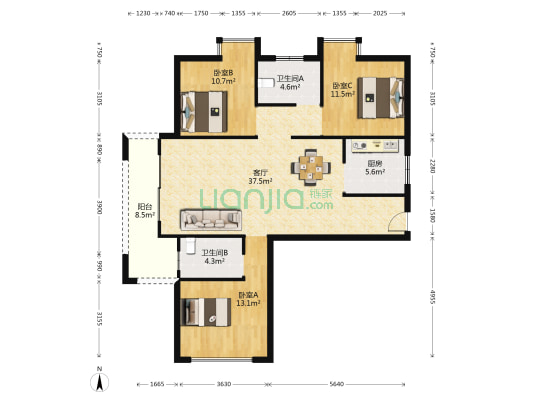 松涛嘉园 3室1厅2卫 120平方
