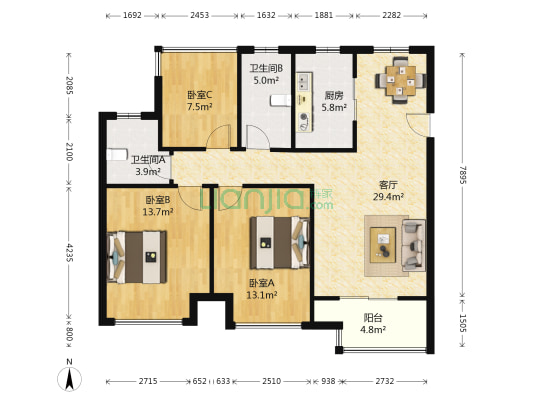中海珑湾锦园 3室1厅2卫 105平方