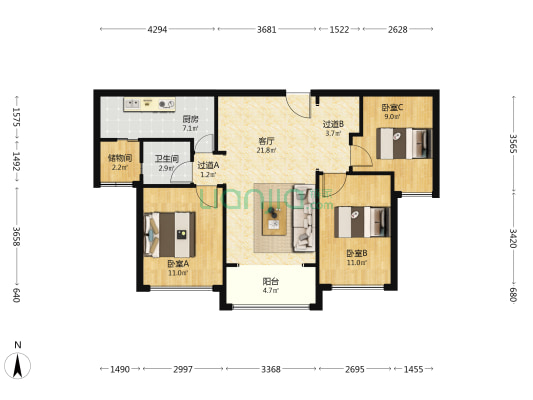 金地自在城艺境博苑 3室1厅1卫 90平方