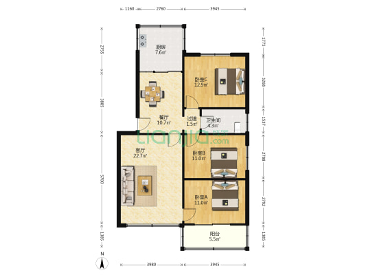 龙港小区 3室2厅1卫 104平方