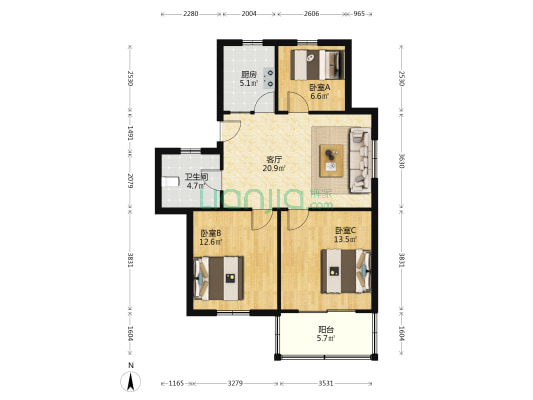 舜北三小区 3室1厅1卫 87平方