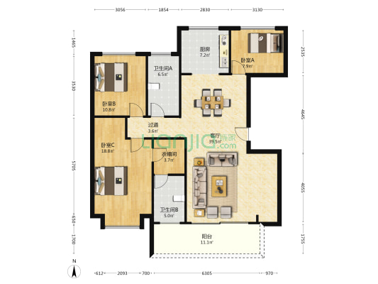 鸿翔·传承樾府 3室1厅2卫 135平方