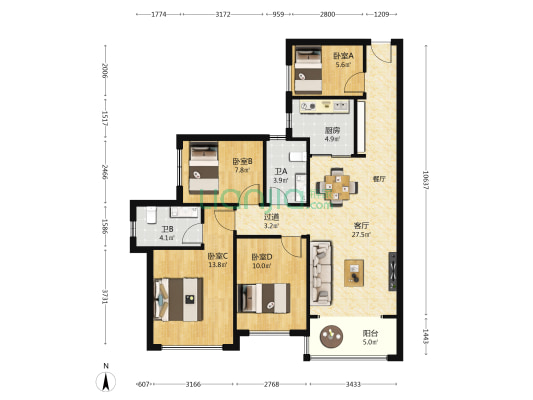 远洋天成 4室1厅2卫 99平方