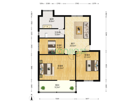 中南电力设计院第二生活区北苑 3室1厅1卫 100平方
