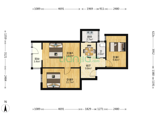 治安大街 3室1厅1卫 46平方