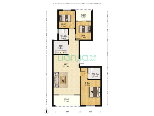 西山新城 3室1厅2卫 121平方