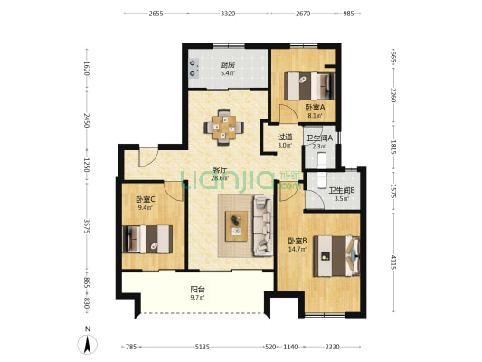 一方桃源里 3室1厅2卫 100平方