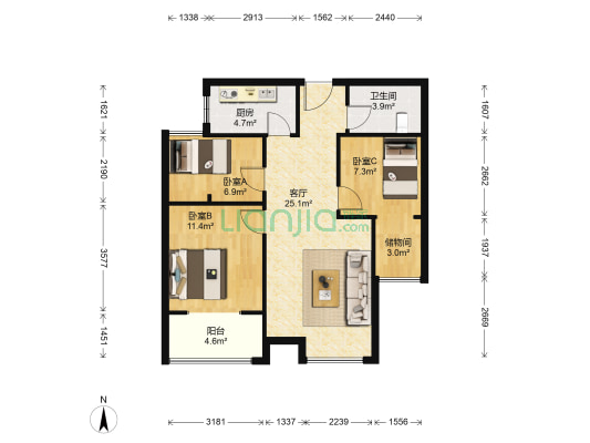 新里卢浮公馆二期 3室1厅1卫 88平方