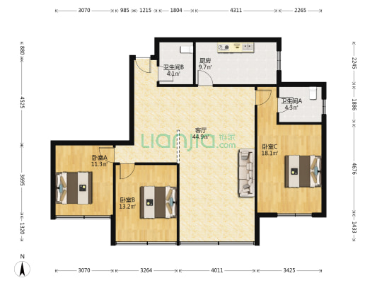 友谊路2号 3室1厅2卫 126平方