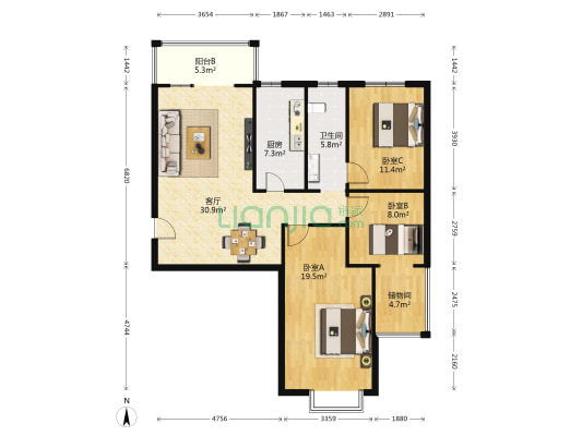 银海中央广场 3室1厅1卫 124平方