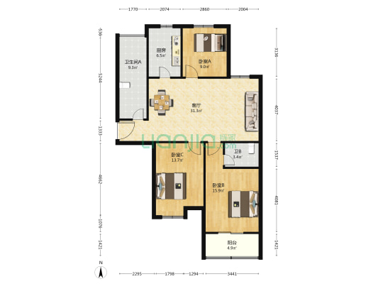 尚都国际 3室1厅2卫 127平方