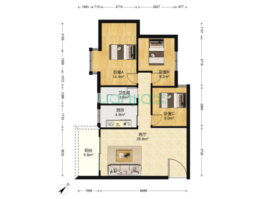 清新丽居 3室1厅1卫 90平方