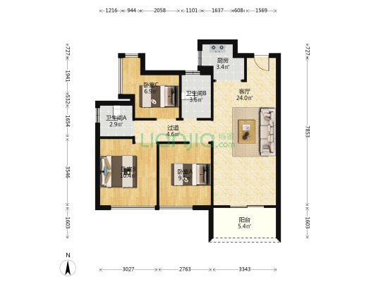 天健阅江来 3室1厅2卫 94平方