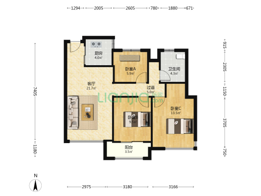 华海景园 3室1厅1卫 79平方