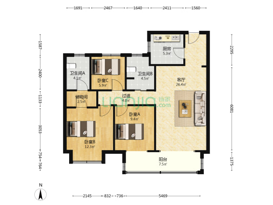 文韵小区 3室1厅2卫 114平方