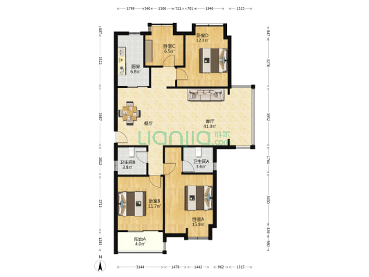 溪源花园 4室1厅2卫 135平方