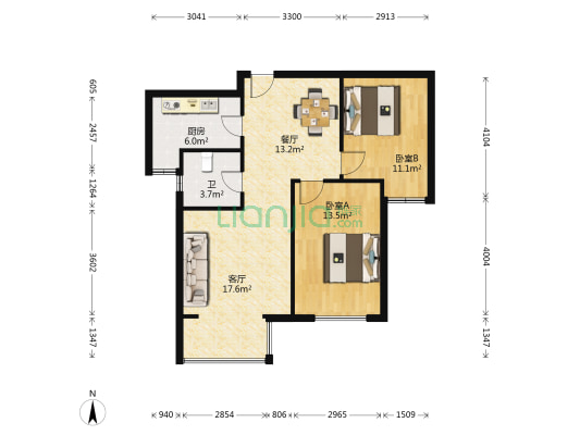 万达广场F区 2室2厅1卫 88平方