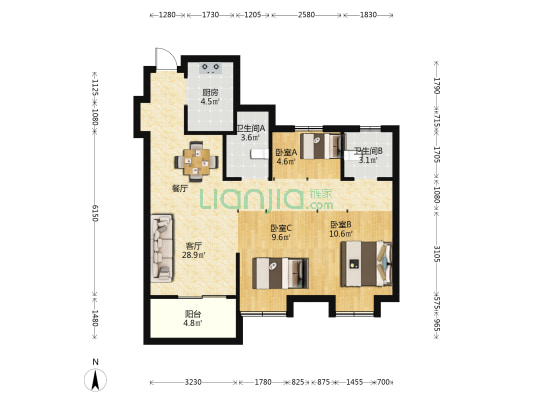 嘉悦名都 3室1厅2卫 88平方