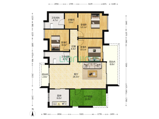 绿地城凤语湾 3室1厅2卫 121平方