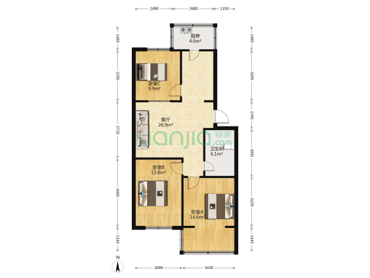 泰安小区2号院 3室1厅1卫 90平方