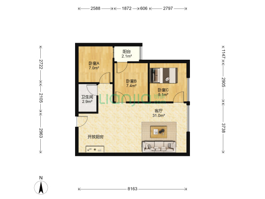 固地尚诚商务中心 3室1厅1卫 84平方