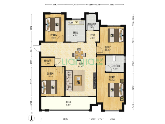 万科北门塘上一期 4室1厅2卫 131平方