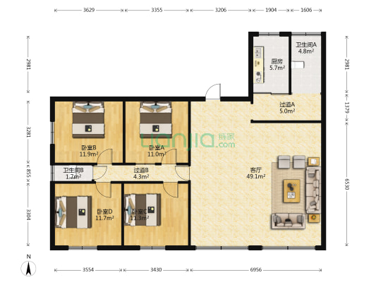 高花亭花亭南村 4室1厅2卫 129平方
