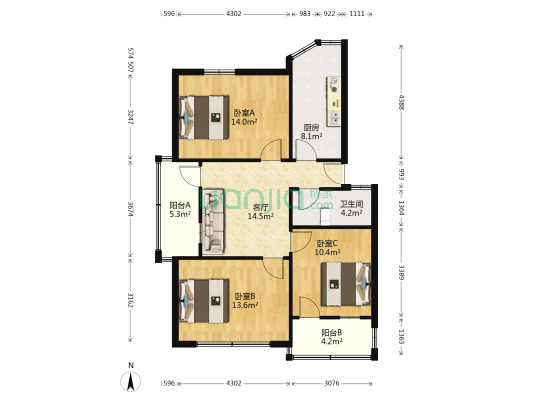 中经路6号 3室1厅1卫 92平方