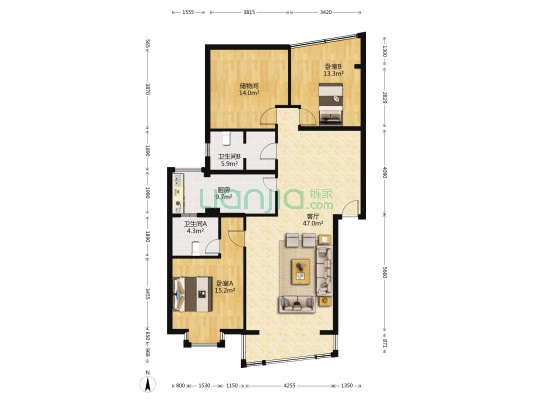 威中花园 2室1厅2卫 124平方