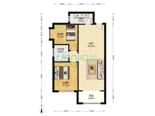 鸿坤D户型   精装修    全明格局    中间楼层-户型图