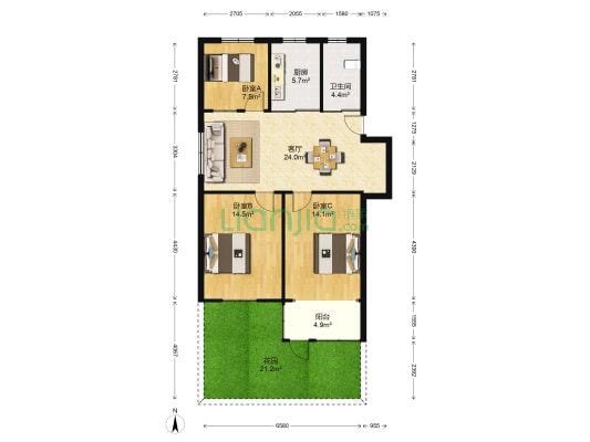 园林新村 3室1厅1卫 92平方