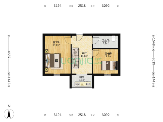 火电二公司住宅北区 2室1厅1卫 57平方