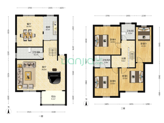 北濠山庄 4室2厅3卫 156平方