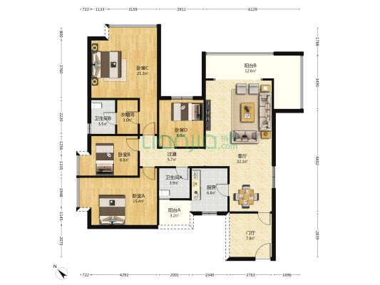 赛亚滨江花园 4室1厅2卫 161平方