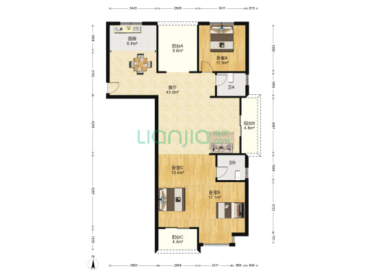 城镇依山郡 3室1厅2卫 133平方