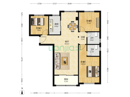 群冠铭苑 3室1厅2卫 121平方