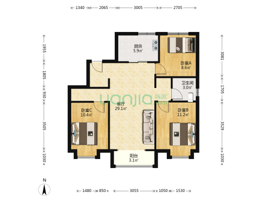万科公园都会 3室1厅1卫 104平方