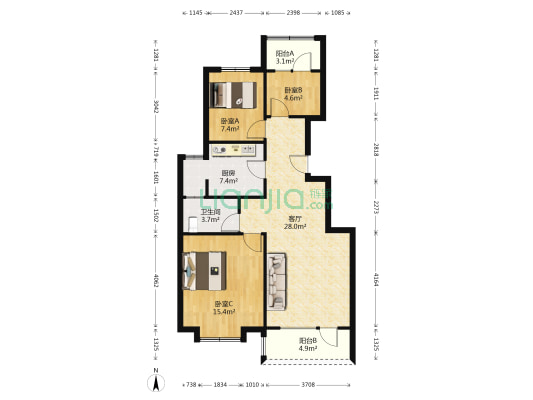 华融现代城南北通透大三居，采光好，视野好-户型图
