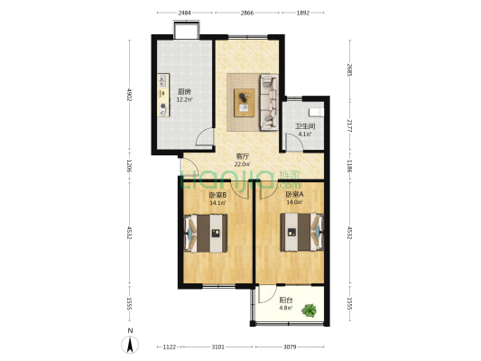 国防办宿舍 2室1厅1卫 86平方