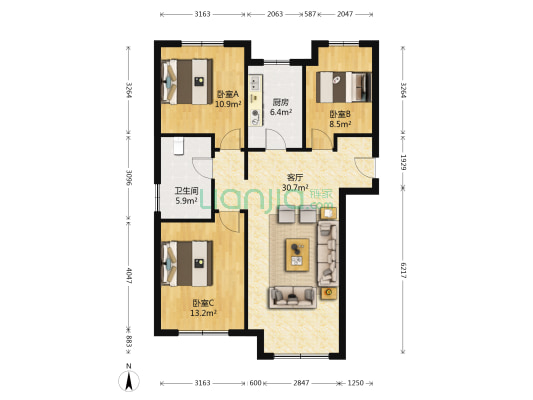 【鸿坤新维】 南北通透大三居全天采光不遮挡 赔钱出售-户型图