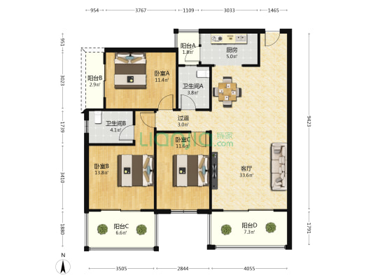 南宁五象智慧健康城 3室1厅2卫 128平方