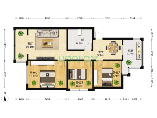 昆明卷烟厂职工宿舍 3室2厅1卫 81平方
