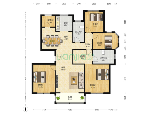 德仁龙河嘉苑 4室2厅2卫 162平方