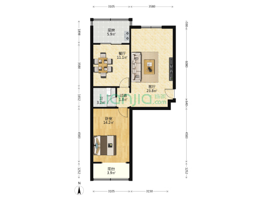 市政府宿舍 1室2厅1卫 77平方