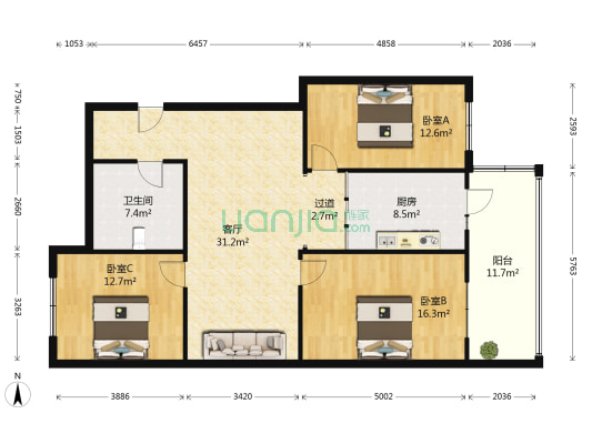 新苑小区 3室1厅1卫 128平方