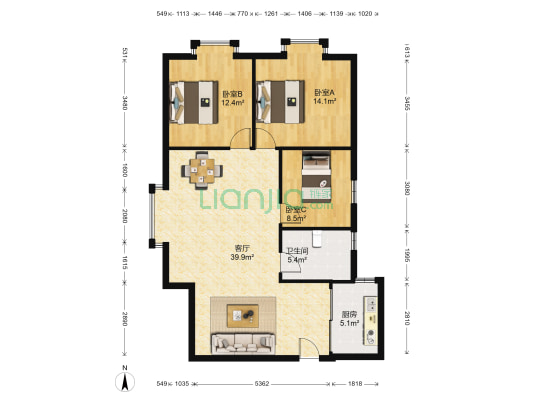 德润大厦 3室1厅1卫 122平方