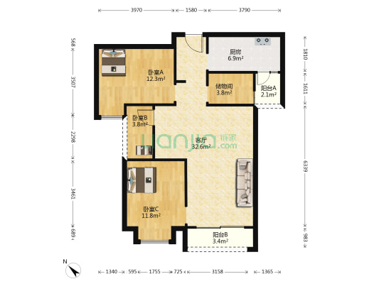 绿岛湖悦湖 3室1厅0卫 95平方
