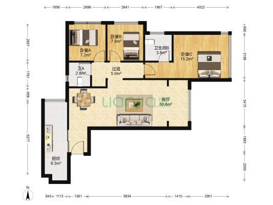 金科中建博翠长江 3室1厅2卫 99平方