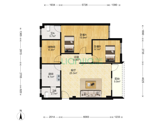 祥和花园 2室1厅2卫 103平方