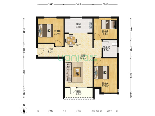 檀府宸园 3室1厅1卫 108平方